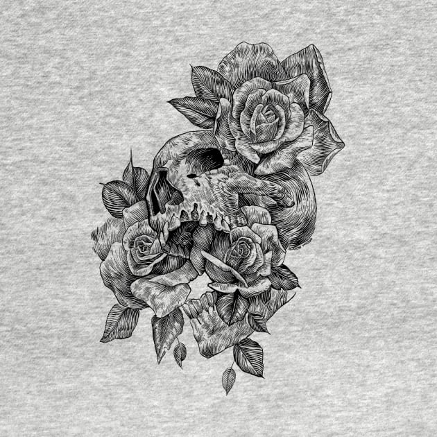 black and white ink line drawing skull and roses 2 by Saraknid